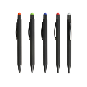 BL-124, Bolígrafo retráctil fabricado en aluminio terminado rubber (el grabado destapa en color del puntero touch) con puntero touch, tinta de escritura azul.