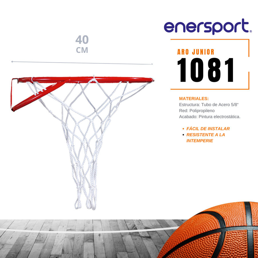 1081ARRJ, Aro de basquetbol junior fabricado en metal de 5/8 calibre 20. Fácil de instalar. Resistente a la intemperie.