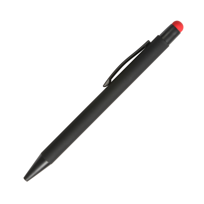 BL-124, Bolígrafo retráctil fabricado en aluminio terminado rubber (el grabado destapa en color del puntero touch) con puntero touch, tinta de escritura azul.