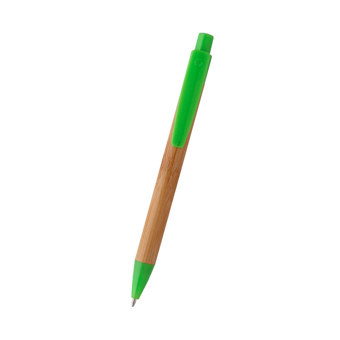 BL-126, Bolígrafo retráctil fabricado en bambú con punta y clip de plástico en color, tinta de escritura negra.