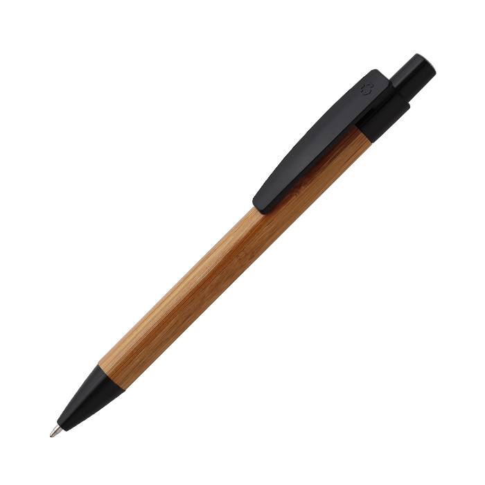 BL-126, Bolígrafo retráctil fabricado en bambú con punta y clip de plástico en color, tinta de escritura negra.