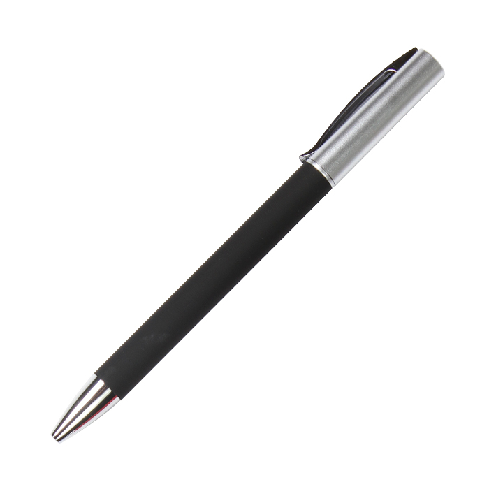 BL-132, Bolígrafo twist con barril en terminado rubber con clip, punta metálicos y tinta de escritura negra.