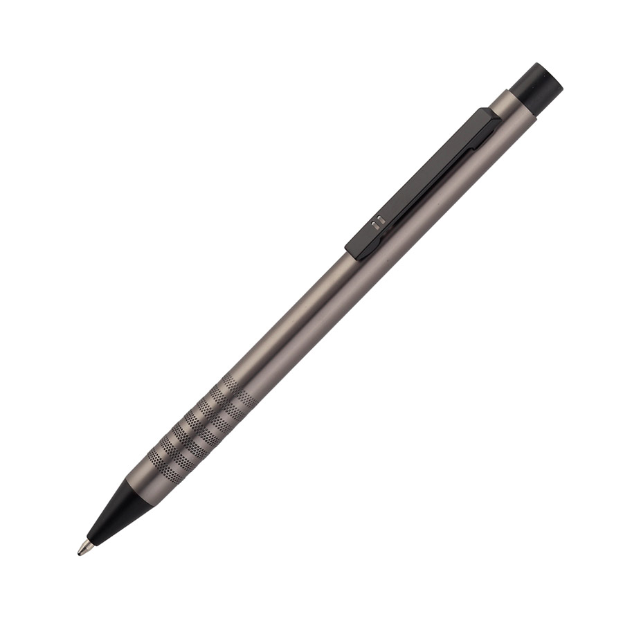 BL-165, Bolígrafo con barril de aluminio acabado mate, botón de plástico y clip metálico. Tinta de escritura azul.