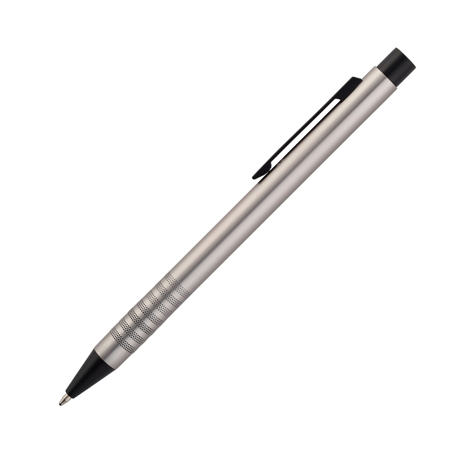 BL-165, Bolígrafo con barril de aluminio acabado mate, botón de plástico y clip metálico. Tinta de escritura azul.