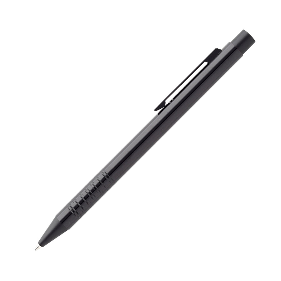 BL-166, Bolígrafo con barril de aluminio acabado brillante, botón de plástico y clip metálico. Tinta de escritura azul.