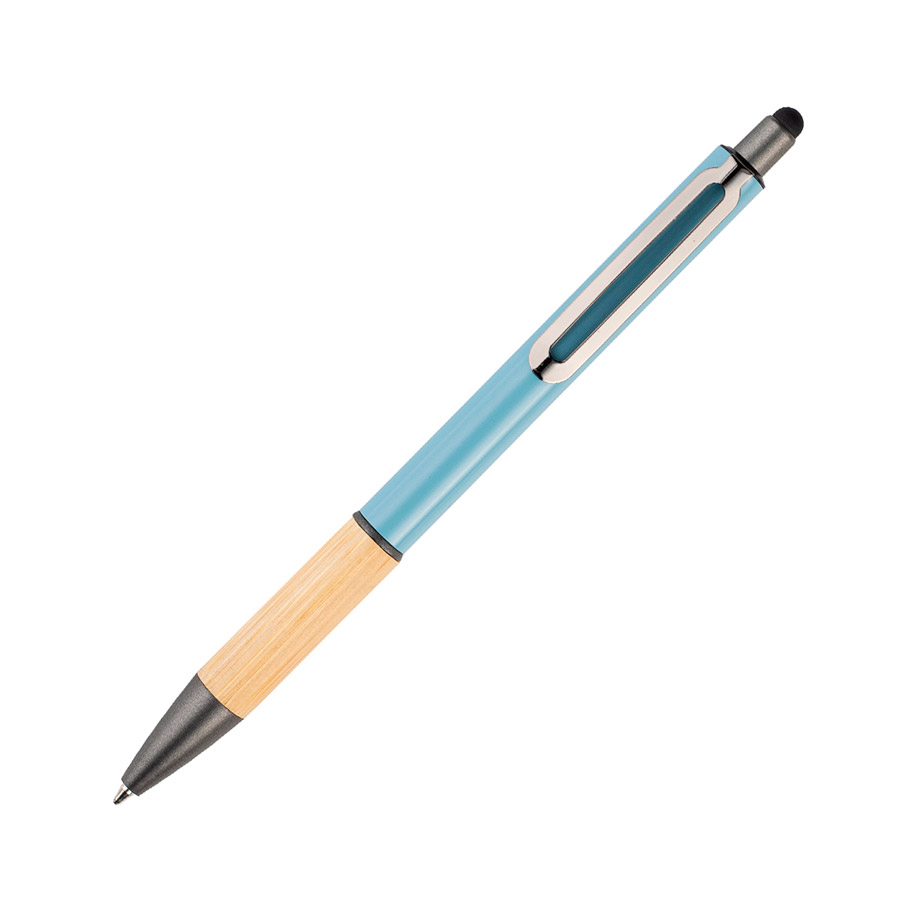 BL-172, Bolígrafo con barril de aluminio y detalle de bambú en la parte inferior, clip y punta metálicos, con touch en la parte superior. Tinta de gel escritura azul.