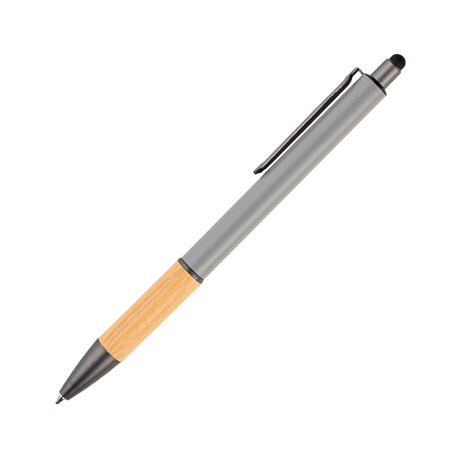 BL-172, Bolígrafo con barril de aluminio y detalle de bambú en la parte inferior, clip y punta metálicos, con touch en la parte superior. Tinta de gel escritura azul.