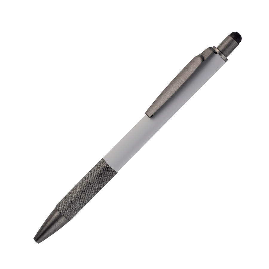 BL-173, Bolígrafo con barril de aluminio y detalle apariencia piel en la parte inferior, clip y punta metálicos, con touch en la parte superior. Tinta de gel escritura azul.