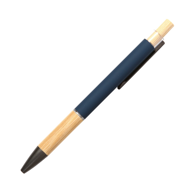 BL-184, Bolígrafo Scai. Bolígrafo de tinta azul, con mecanismo de botón, fabricado en aluminio, con clip metálico y detalles de bambú.