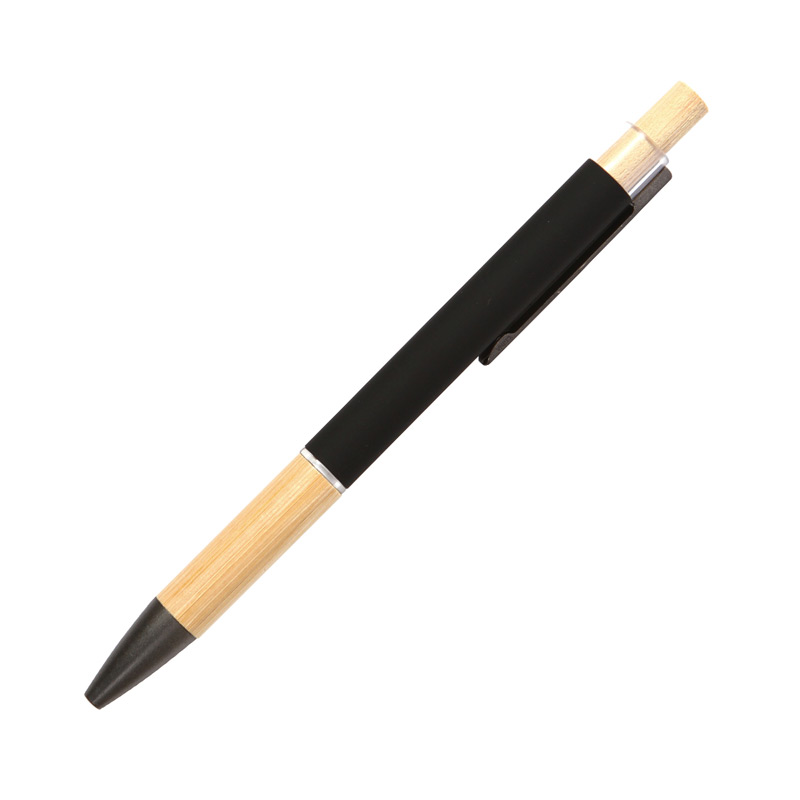 BL-184, Bolígrafo Scai. Bolígrafo de tinta azul, con mecanismo de botón, fabricado en aluminio, con clip metálico y detalles de bambú.