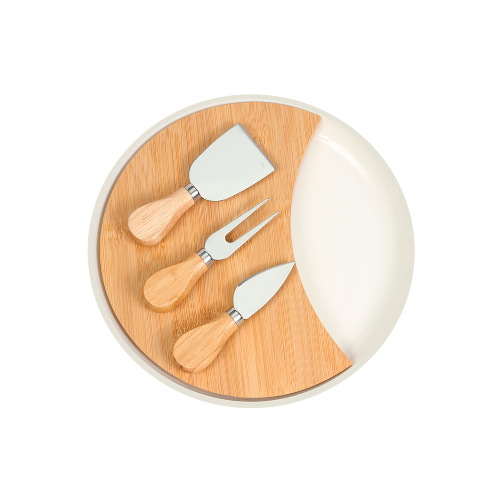 HM-100, Set de quesos con plato de cerámica, tabla de bambú y accesorios de acero inoxidable (3 cortadores). Incluye caja de cartón individual.