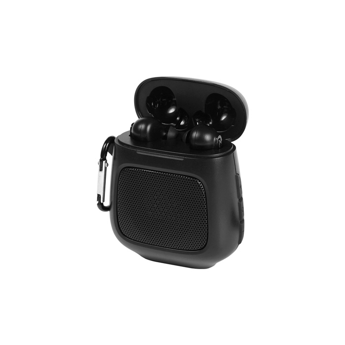 TH-187, Bocina bluetooth con audífonos inalámbricos fabricada en plástico, incluye arnés para fácil transporte, carga a través de cable USB (incluido). Incluye caja de cartón individual.