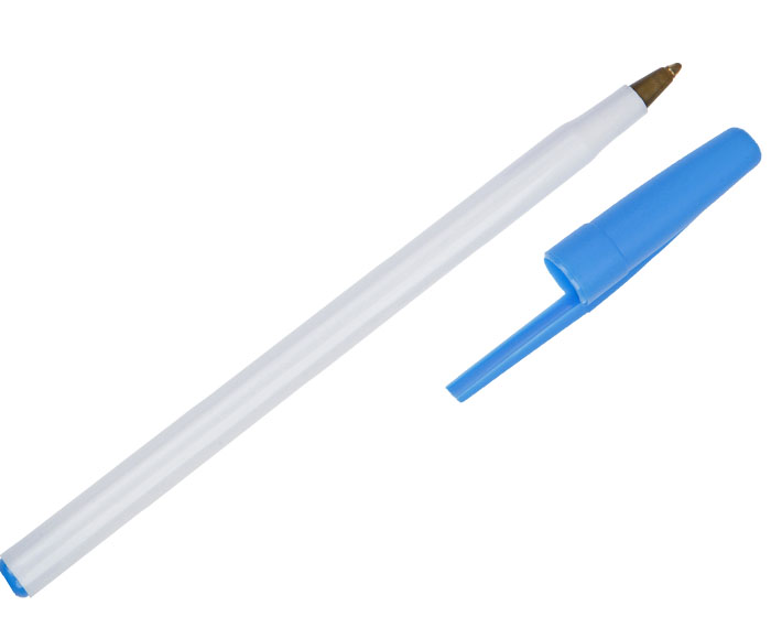 1115, Bolígrafo básico, línea económica, cuerpo blanco sólido con tapa y tapón en color.