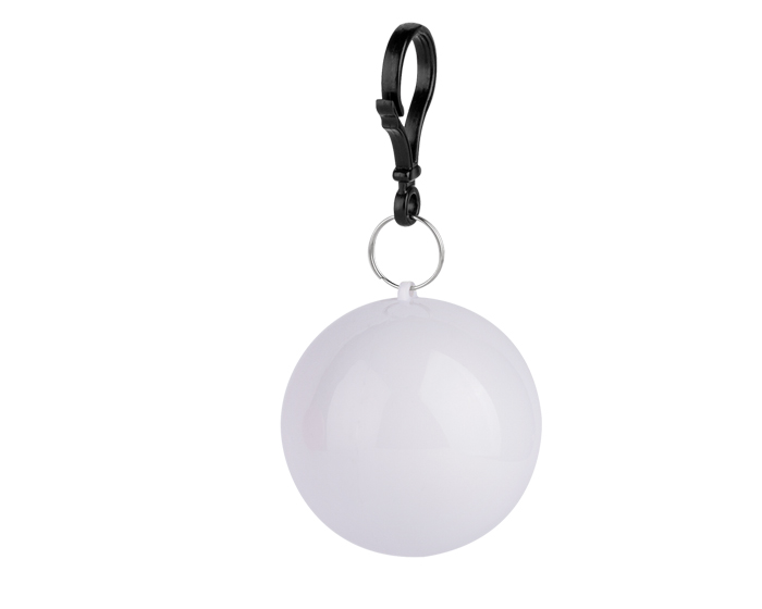 A2145, Práctico poncho impermeable en esfera de plástico con gancho para sujetar tipo llavero, cómodo y compacto para emergencias.