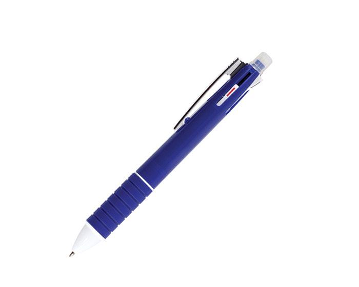 BLP4189, Bolígrafo BAKU. Plumas promocional 5 en 1: lapicero, tinta roja, azul, negra y verde; con goma en el extremo superior. Mecanismo deslizante para cambio de tinta.