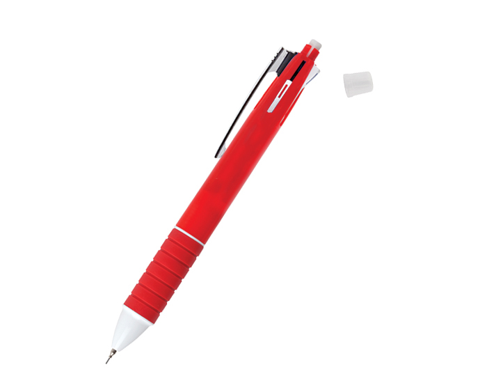 BLP4189, Bolígrafo BAKU. Plumas promocional 5 en 1: lapicero, tinta roja, azul, negra y verde; con goma en el extremo superior. Mecanismo deslizante para cambio de tinta.