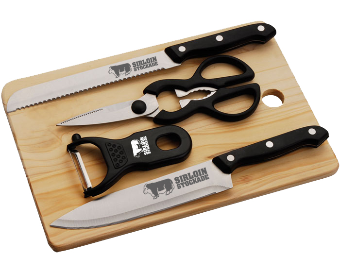 JJ3045, Juego de cuchillos con tabla de madera para picar, tijera multifuncional, pela papas, cuchillo para pan y cuchillo de cocina. Presentación: caja en color blanco.