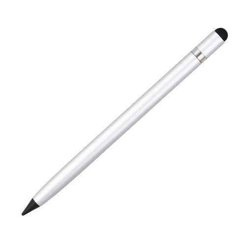 EP-21036, Bolígrafo libre de tinta con goma y touch screen. El trazo gris simula la línea de un lápiz, no deja manchas y es posible borrarlo con una goma regular, la cual está incluida al destapar la parte superior del bolígrafo.