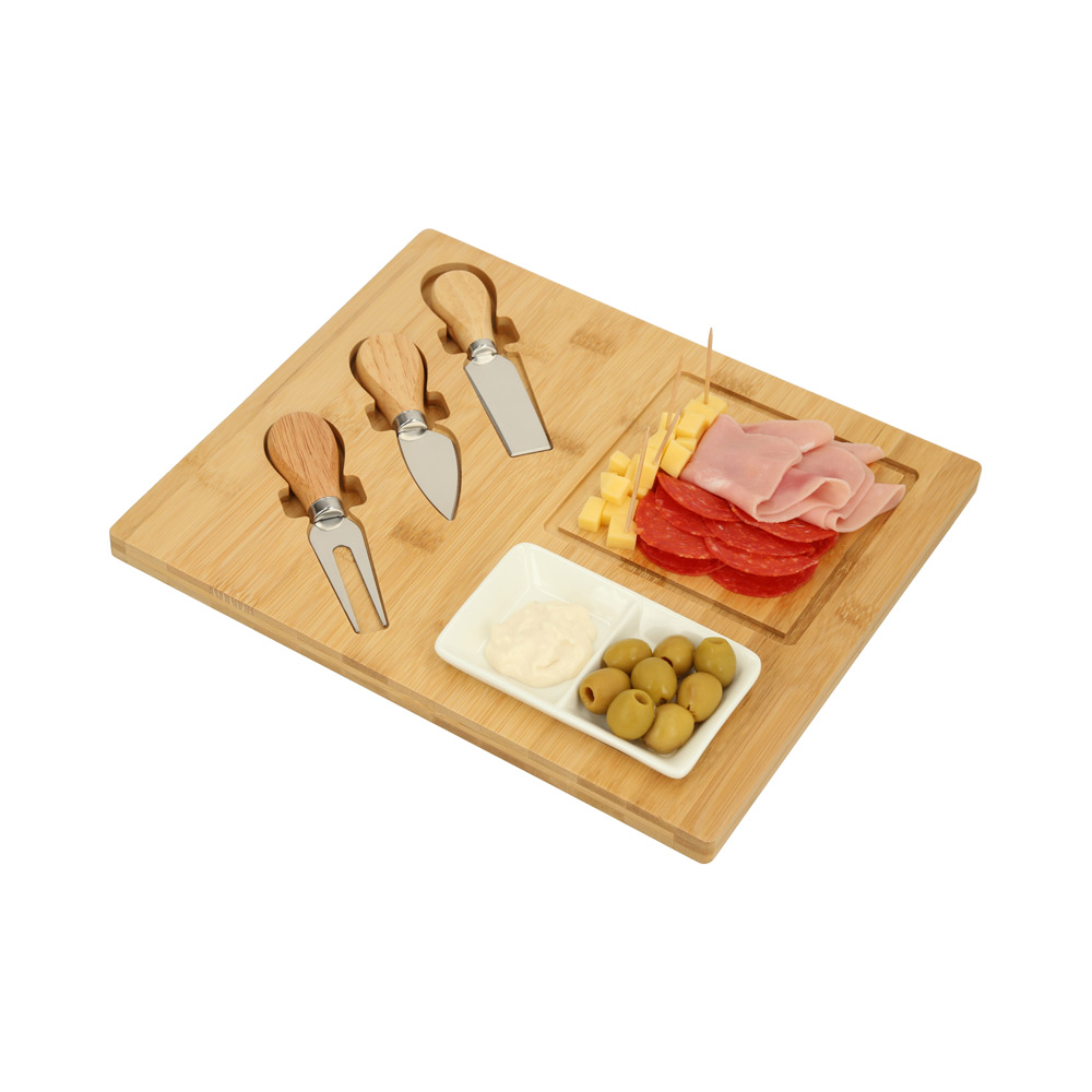 HO-099, Tabla de quesos que incluye mini plato de cerámica doble, 1 cuchillo de avión estrecho, un cuchillo y un tenedor.