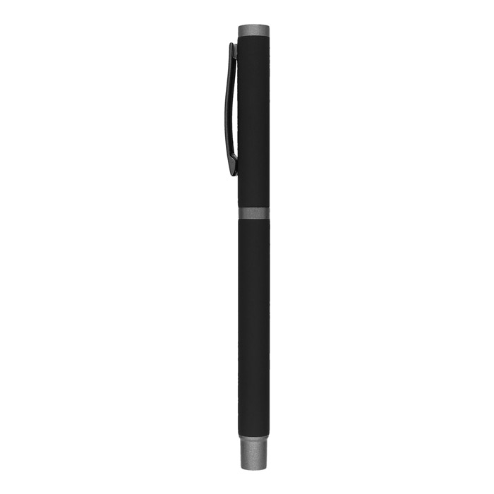 AL-18115R, Bolígrafo metálico acabado rubber con detalles en base y tapa color gris