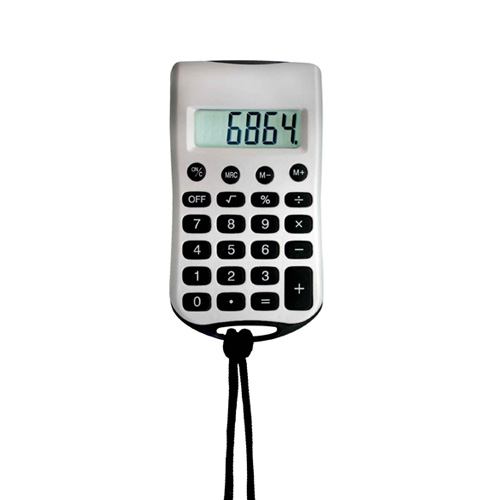 CA-001, Calculadora de bolsillo con cordón. Incluye baterías.